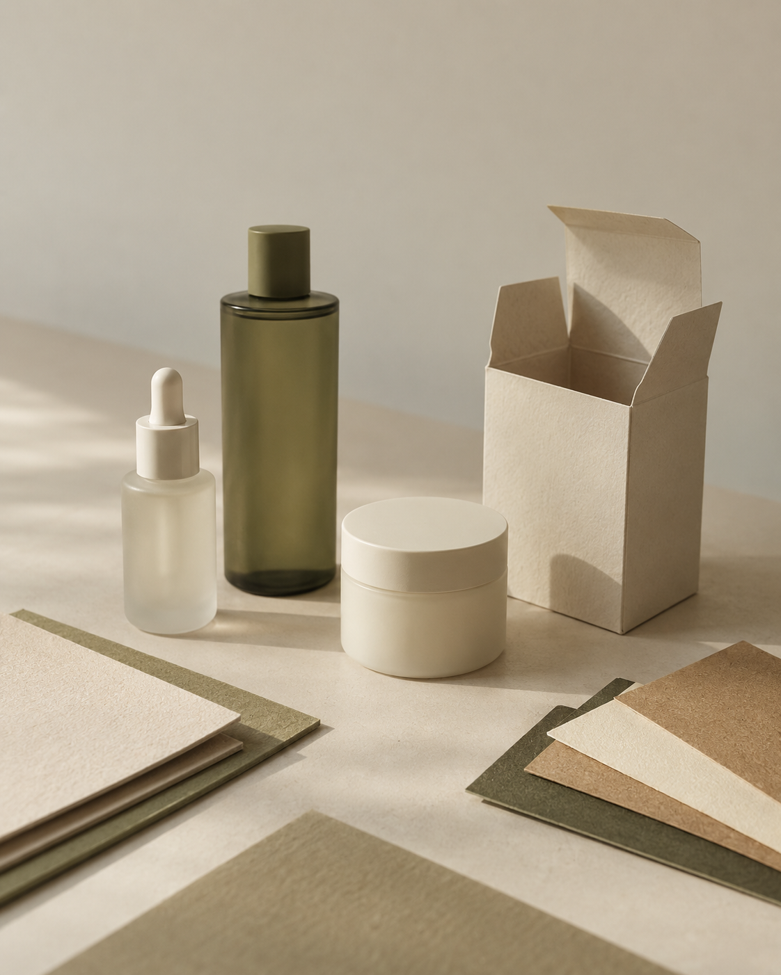 Beauty products and packaging on a studio work surface