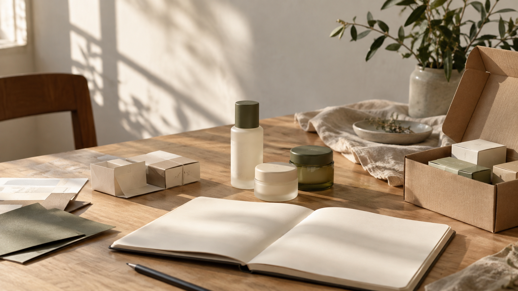 A worktable with beauty products and packaging samples