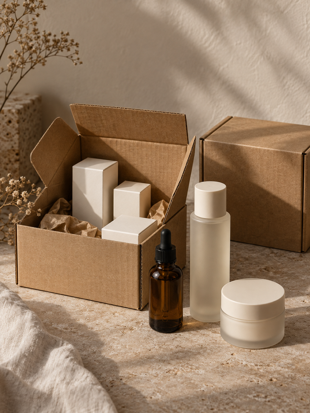 Beauty products arranged beside shipping cartons