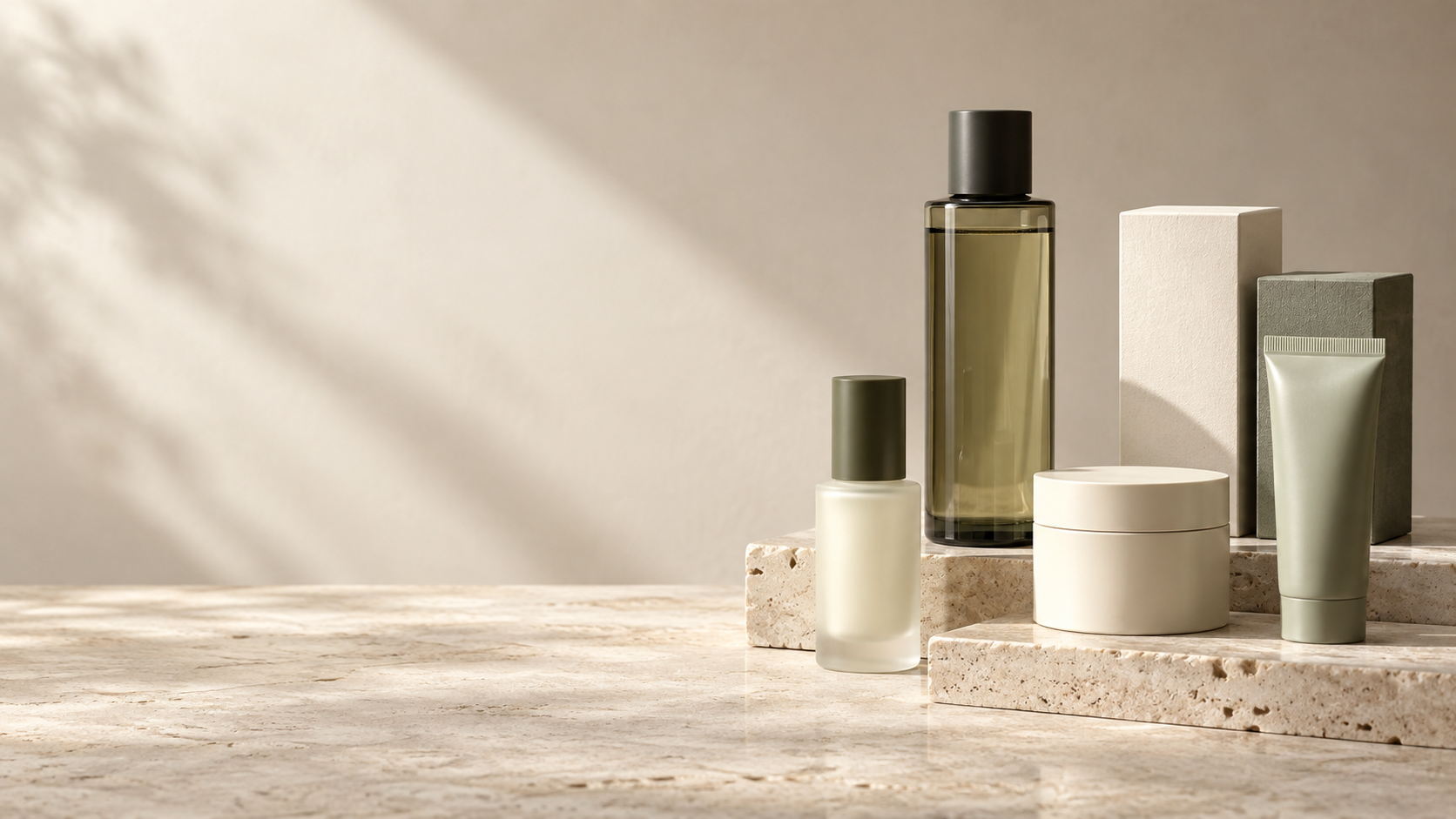 Ivory and olive beauty bottles and cartons arranged on pale stone