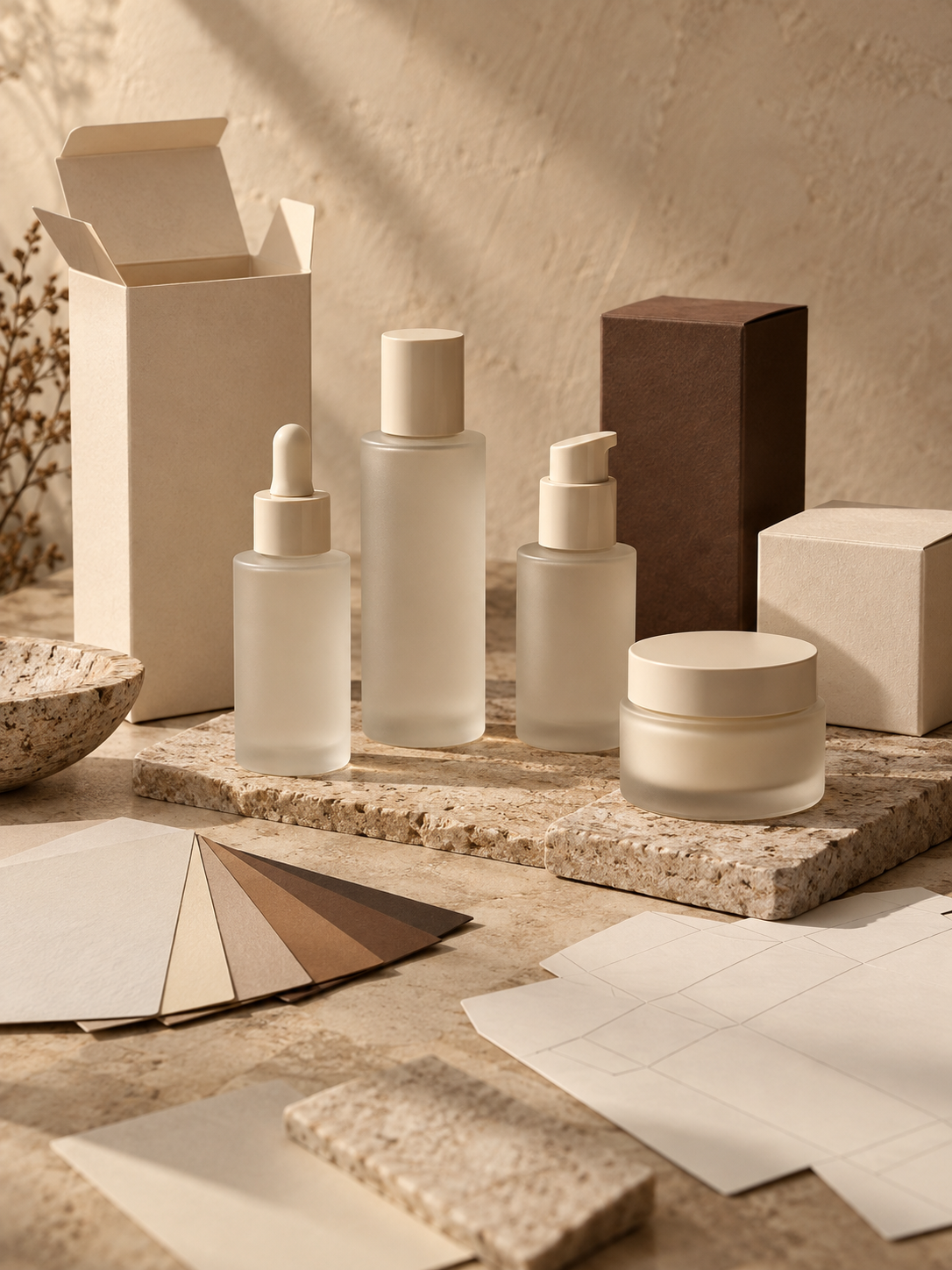 Skincare prototypes and packaging samples on a studio table